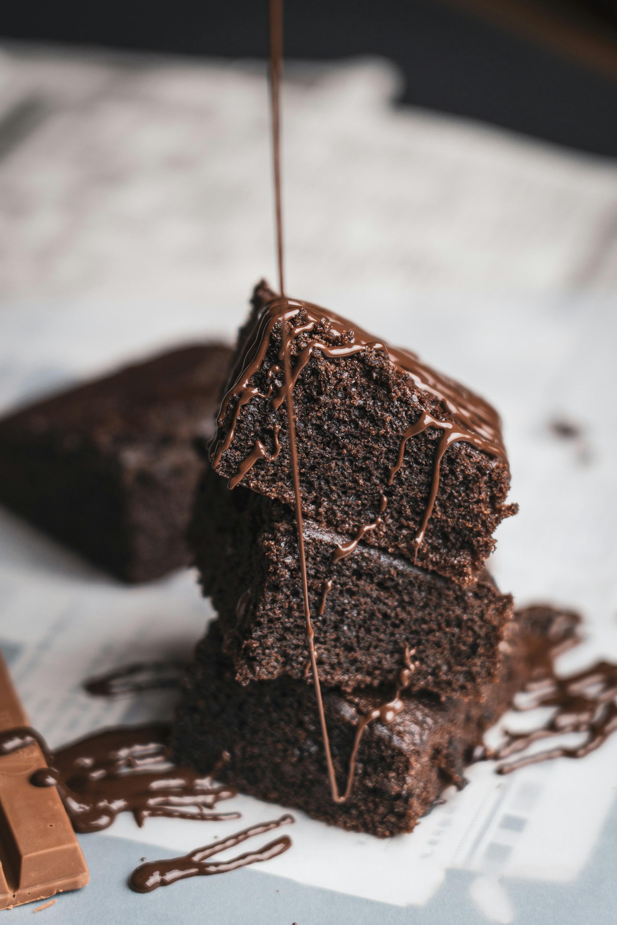 Gooey dark chocolate brownie close-up